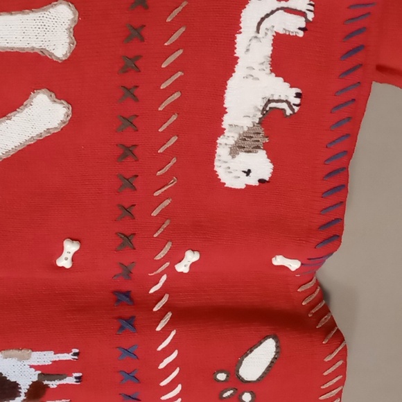 Tribeca Red Full Bone Button Sweater w Dogs Size L *Flaw - Picture 5 of 6